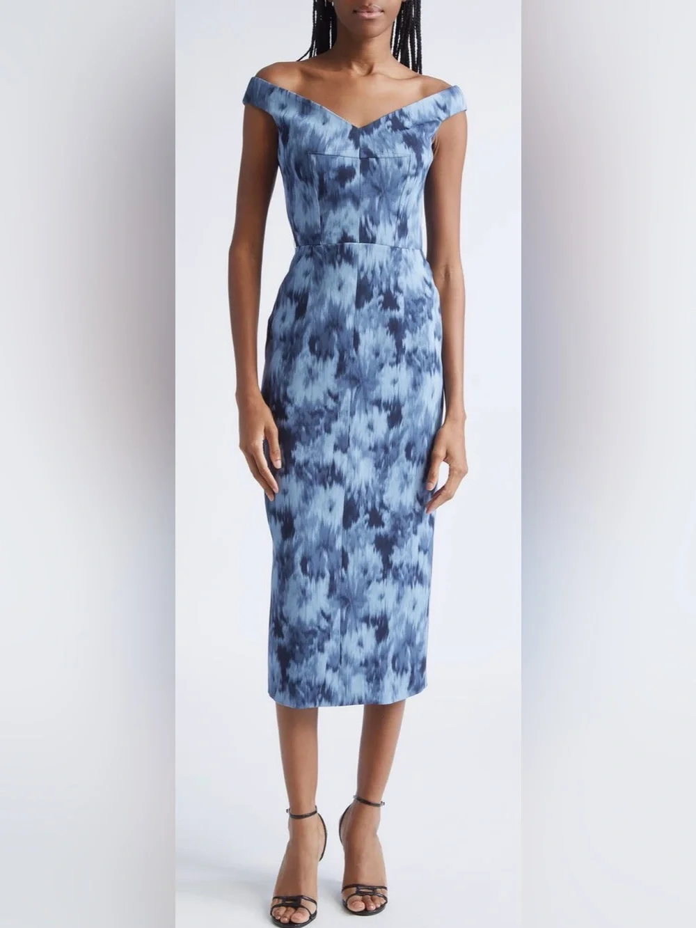 Michael Kors Off -the-Shoulder Blue Patterned Cady sheath
